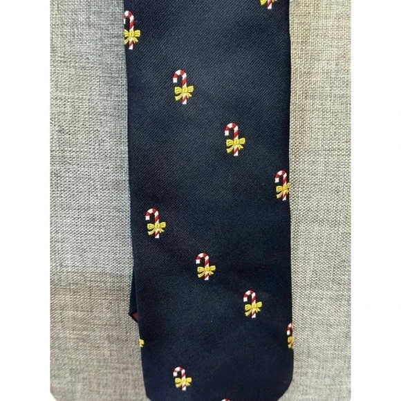 Men's Necktie Navy Blue Holiday Classic Christmas Neck Tie Candy Canes Bows - Picture 2 of 3